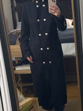 Double-Breasted Long Black Military Coat